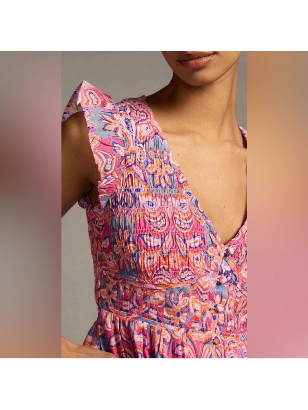 Anthropologie Peregrine Smocked Ruffled Pink Floral V-Neck Mini Dress SMALL - Picture 12 of 14